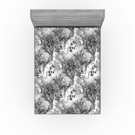 Ambesonne Romantic Flowers Fitted Sheet, Melancholic Floral, King Size, Charcoal Grey Off White