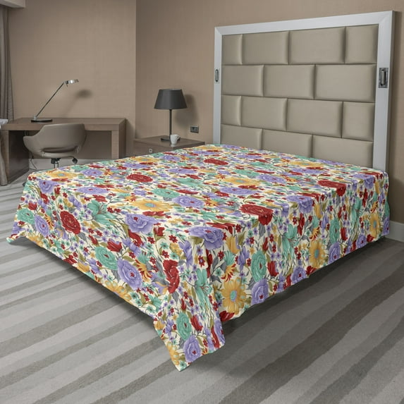 Ambesonne Romantic Flowers Flat Bedding Sheet Soft Top Sheet, Colorful Blooms, Queen, Dark Coral Lavender Cream