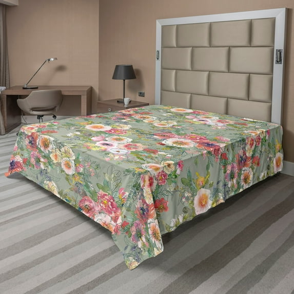 Ambesonne Romantic Flowers Flat Bedding Sheet Soft Top Sheet, Meadow Blossoms, California King, Sage Green Multicolor