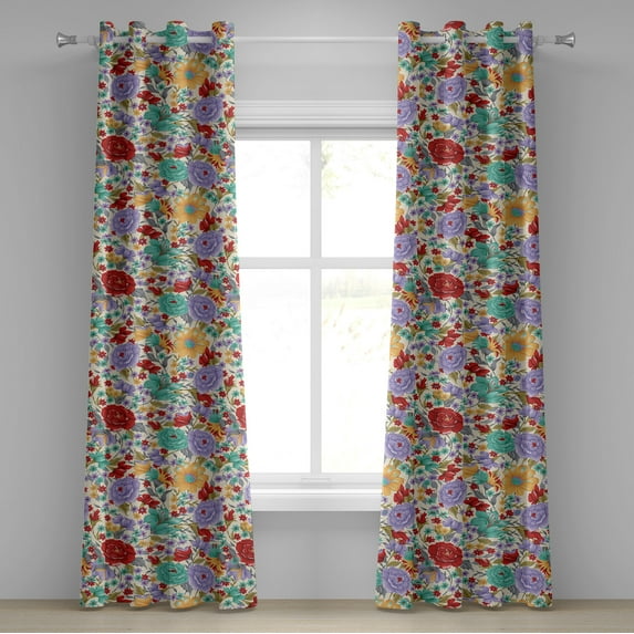 Ambesonne Romantic Flowers Grommet Curtain, Colorful Blooms, 50"x120", Dark Coral Lavender Cream