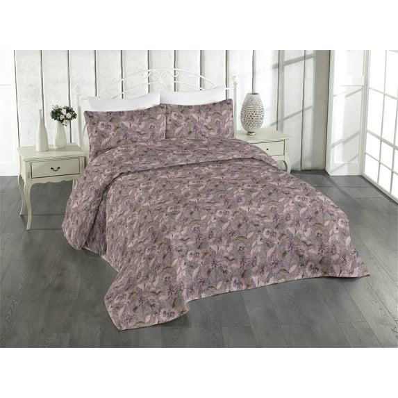 Ambesonne Romantic Flowers Quilted Bedspread Set 3 Pcs, Nude Colors Floral, King, Pale Pink Grey Pink Rose