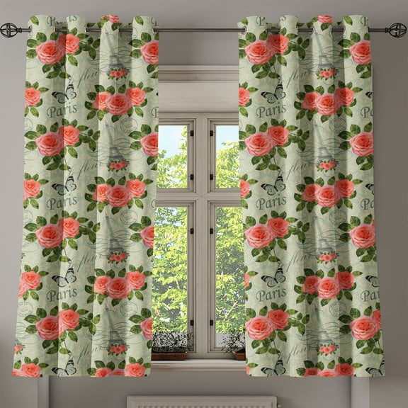Ambesonne Romantic Grommet Curtain, Paris Themed Flowers, 50" x 63", Salmon and Green