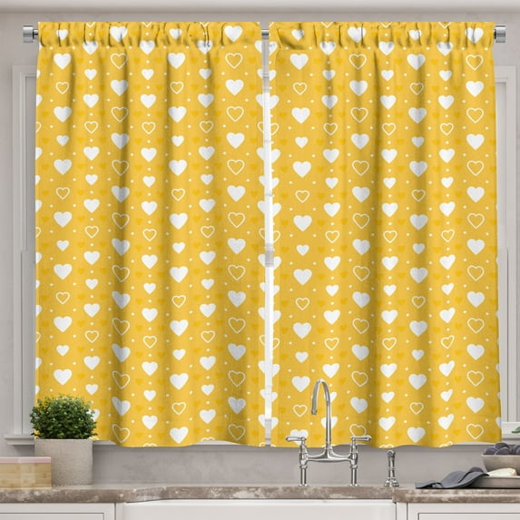 Ambesonne Romantic Kitchen Curtains, Heart Shapes and Dots, 55"x45", Yellow White