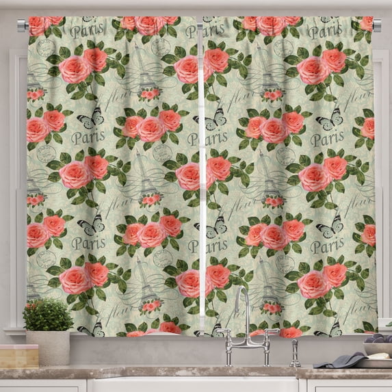 Ambesonne Romantic Kitchen Curtains, Paris Themed Flowers, 55"x39", Salmon and Green