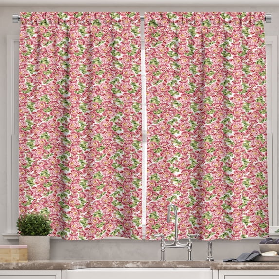 Ambesonne Romantic Kitchen Curtains, Vintage Peony Bouquet, 55"x39", Pale Pink Fern Green