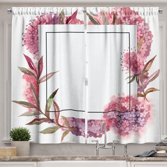 Ambesonne Romantic Kitchen Curtains, Wild Flowers Bouquets Art, 55"x24", Dried Rose Grey Pink and Dusk