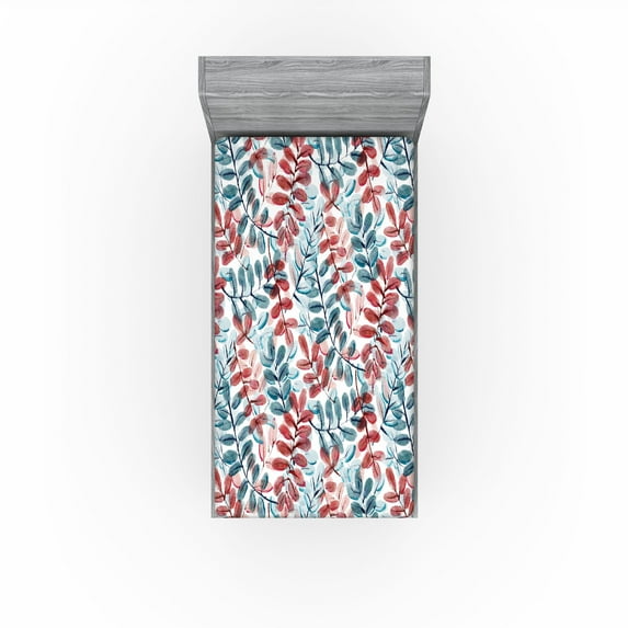 Ambesonne Romantic Leaves Fitted Sheet, Aquarelle Leafy Art, Twin XL Size, Off White Ruby Cadet Blue