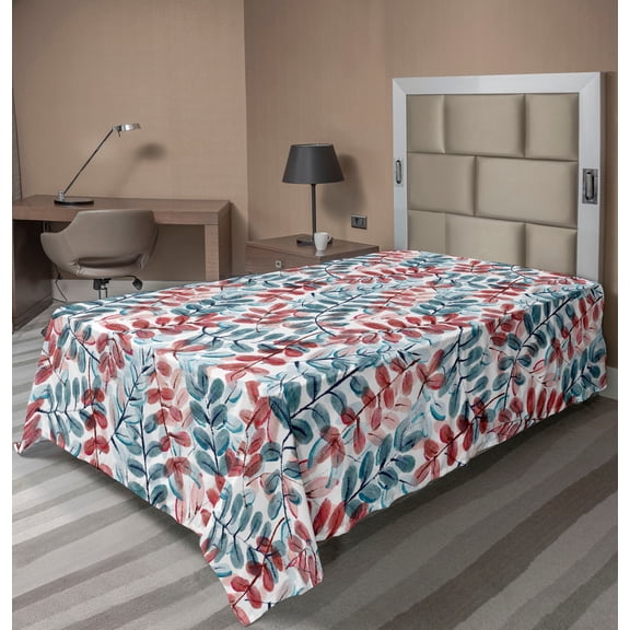 Ambesonne Romantic Leaves Flat Bedding Sheet Soft Top Sheet, Aquarelle Leafy Art, Twin, Off White Ruby Cadet Blue