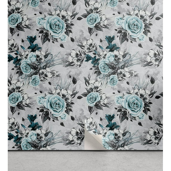 Ambesonne Romantic Peel & Stick Wallpaper for Home, Icy Roses Vintage Floral, 13"x72", Pale Slate Blue Grey