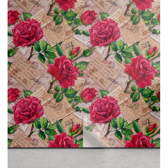 Ambesonne Romantic Peel & Stick Wallpaper for Home, Old Letters French Rose, 13"x36", Magenta Green Pale Brown