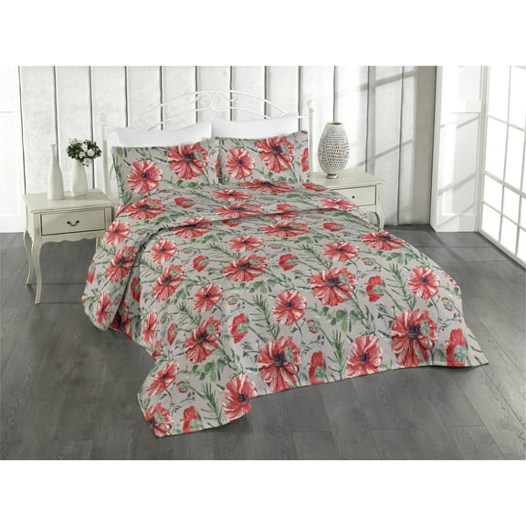 Ambesonne Romantic Peony Quilted Bedspread Set 3 Pcs, Retro Spring Flowers, King, Dark Coral Peacock Green