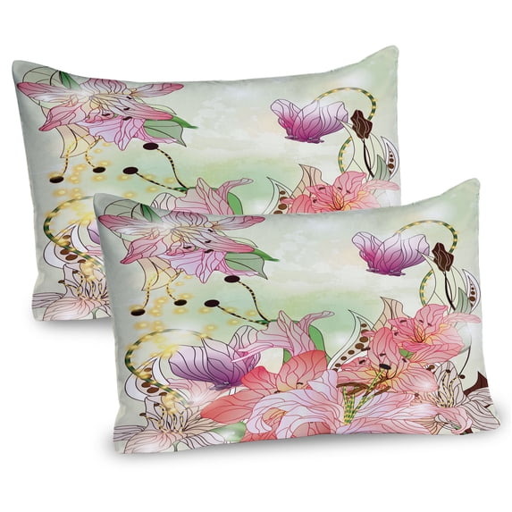 Ambesonne Romantic Pillow Sham 2 Pack, Garden Flowers, 30"x20", Pale Pink Purple