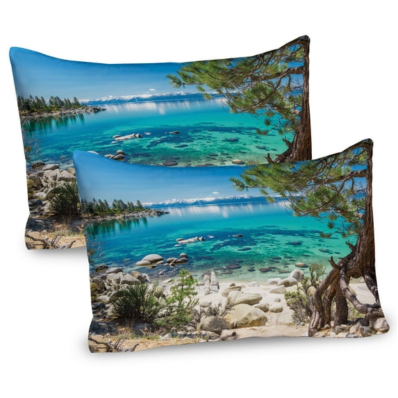 Ambesonne Romantic Pillow Sham 2 Pack, Tahoe Snowy Mountain, 30"x20", Pale Blue Green Eggshell