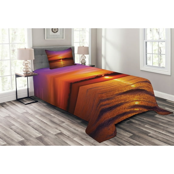 Ambesonne Romantic Quilted Bedspread Set 2 Pcs, Colorful Beach Sunset, Twin Size, Orange Purple