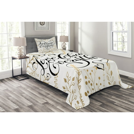 Ambesonne Romantic Quilted Bedspread Set 2 Pcs, Foliage Pattern, Twin Size, Sepia Peach Black