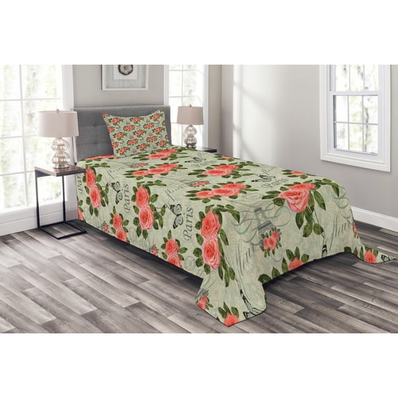 Ambesonne Romantic Quilted Bedspread Set 2 Pcs, Paris Themed Flowers, Twin Size, Salmon and Green