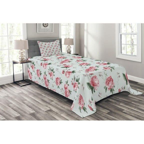 Ambesonne Romantic Quilted Bedspread Set 2 Pcs, Spring Flowers Roses, Twin Size, Almond Green Pale Pink