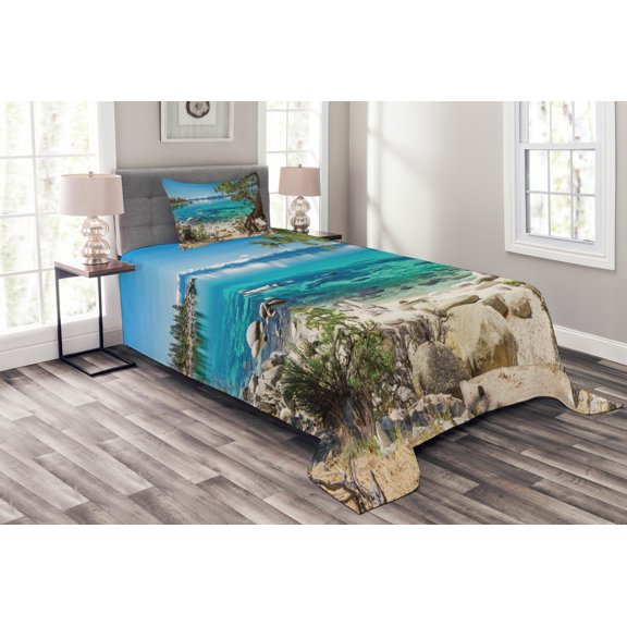 Ambesonne Romantic Quilted Bedspread Set 2 Pcs, Tahoe Snowy Mountain, Twin Size, Pale Blue Green Eggshell