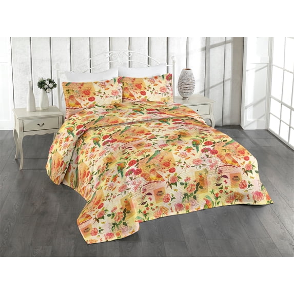 Ambesonne Romantic Quilted Bedspread Set 3 Pcs, Autumn Colors Birds Print, King, Dark Pink Fern Green