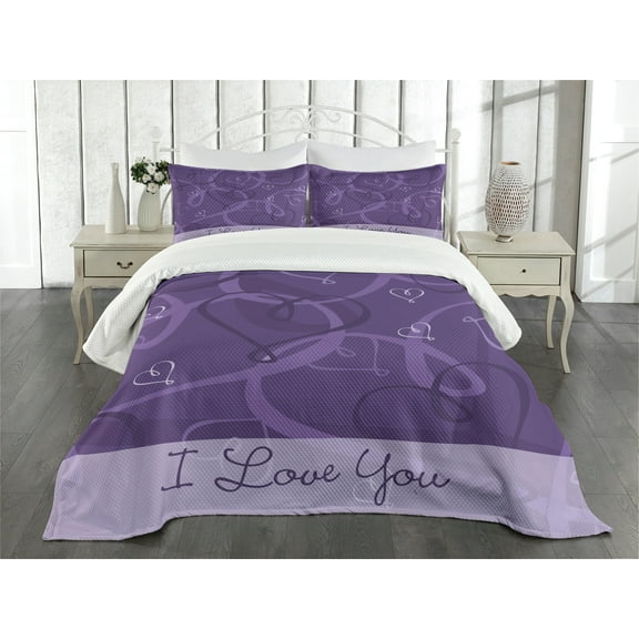 Ambesonne Romantic Quilted Bedspread Set 3 Pcs, Indigo Purple Hearts, King Size, Eggplant Purple