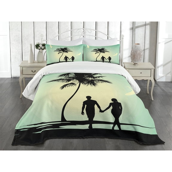 Ambesonne Romantic Quilted Bedspread Set 3 Pcs, Married Couple Walking, Queen Size, Pale Green Seafoam Black