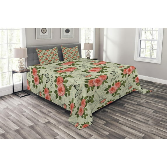 Ambesonne Romantic Quilted Bedspread Set 3 Pcs, Paris Themed Flowers, King Size, Salmon and Green