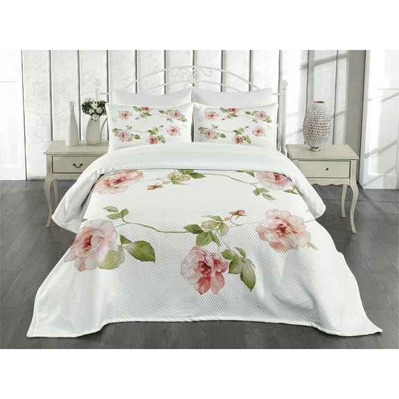 Ambesonne Romantic Quilted Bedspread Set 3 Pcs, Rose Flower Petals, King Size, Reseda Green Peach Coral