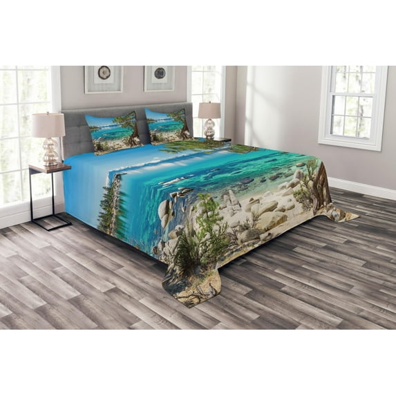 Ambesonne Romantic Quilted Bedspread Set 3 Pcs, Tahoe Snowy Mountain, Queen Size, Pale Blue Green Eggshell