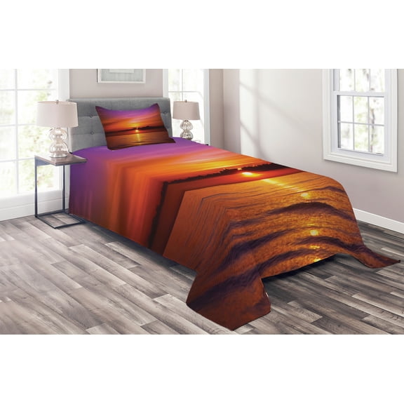 Ambesonne Romantic Quilted Coverlet 2 Pcs, Colorful Beach Sunset, Twin Size, Orange Purple