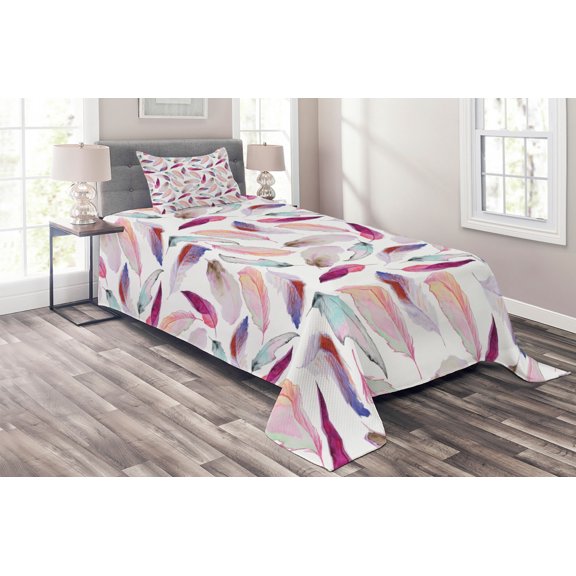 Ambesonne Romantic Quilted Coverlet 2 Pcs, Wing Feathers Wing Art, Twin Size, Pink Purple