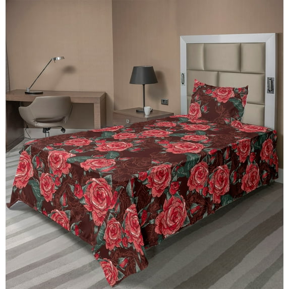 Ambesonne Romantic Roses Fitted & Flat Sheet with Sham 3 Pcs Set, Flower Winery Colors, Twin, Burgundy Coral Green
