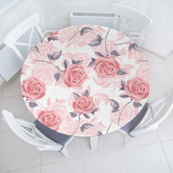 Ambesonne Romantic Roses Fitted Round Tablecloth, Soft Floral Garden, 45"- 56" Diameter, White Coral and Rose