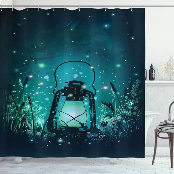 Ambesonne Romantic Shower Curtain, Fireflies Romantic Night, 69"Wx70"L, Dark Teal and Turquoise