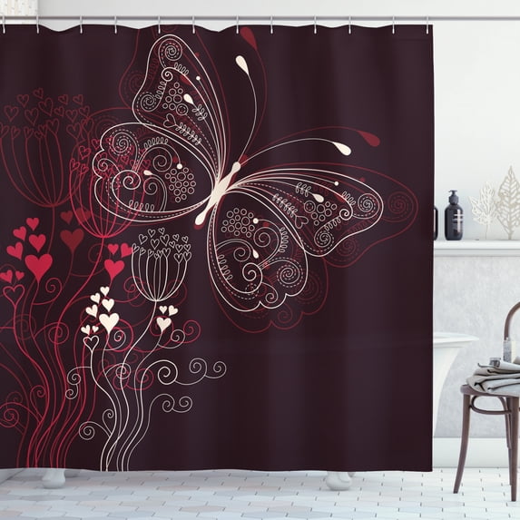 Ambesonne Romantic Shower Curtain, Floral Heart Pattern, 69"Wx75"L, Maroon Red Beige