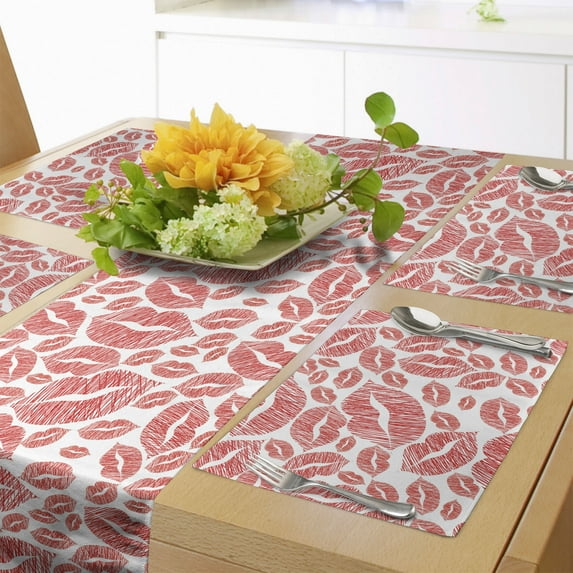 Ambesonne Romantic Table Runner & Placemats, Hot Retro Lady Lips, Placemat 4 pcs + Runner 14"x72", Vermilion and White