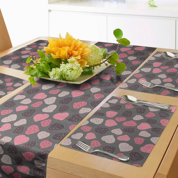 Ambesonne Romantic Table Runner & Placemats, Valentines Low-Poly Hearts, Placemat 4 pcs + Runner 16"x72", Pink Grey Pearl