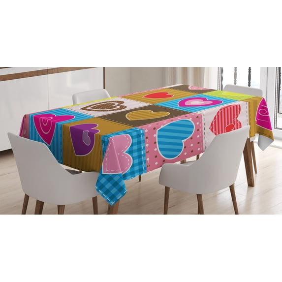 Ambesonne Romantic Tablecloth Rectangular Table Cover, Love Heart Patchwork, 60"x84", Multicolor