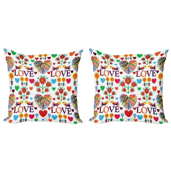 Ambesonne Romantic Throw Pillow Cover 2 Pack, Colorful Blooms Birds, 16", Multicolor