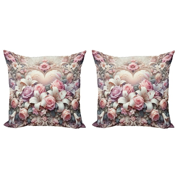 Ambesonne Romantic Throw Pillow Cover 2 Pack, Pastel Love Garden Flowers, 18", Pale Pink Peach and Lilac