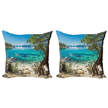 Ambesonne Romantic Throw Pillow Cover 2 Pack, Tahoe Snowy Mountain, 24", Pale Blue Green Eggshell