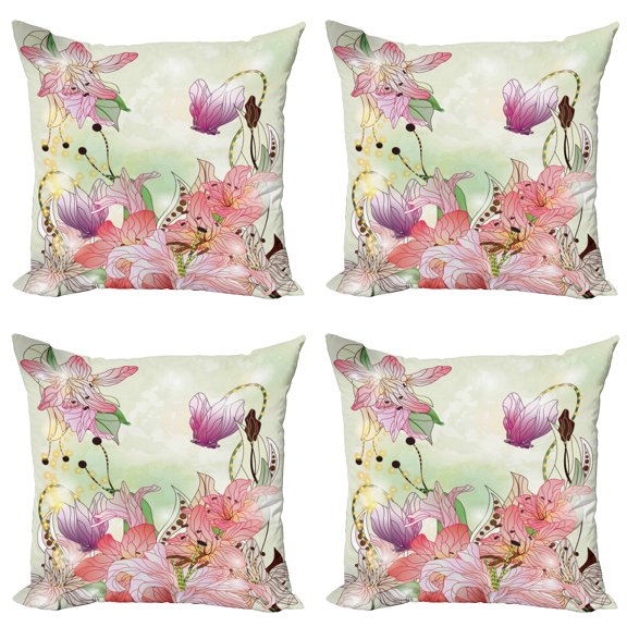 Ambesonne Romantic Throw Pillow Cover 4 Pack, Garden Flowers, 16", Pale Pink Purple