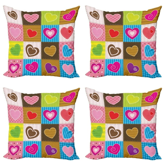 Ambesonne Romantic Throw Pillow Cover 4 Pack, Love Heart Patchwork, 18", Multicolor