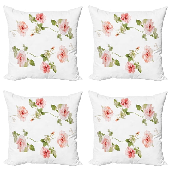 Ambesonne Romantic Throw Pillow Cover 4 Pack, Rose Flower Petals, 18", Reseda Green Peach Coral