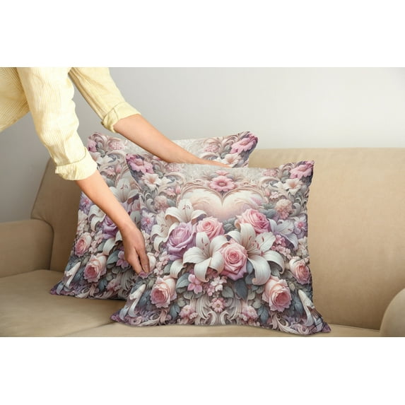 Ambesonne Romantic Throw Pillow Cover Pack of 2, Pastel Love Garden Flowers, 2 Pcs-26"x16", Pale Pink Peach and Lilac
