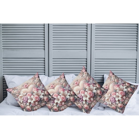Ambesonne Romantic Throw Pillow Cover Pack of 4, Pastel Love Garden Flowers, 4 Pcs-36"x36", Pale Pink Peach and Lilac
