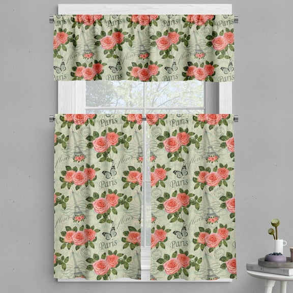 Ambesonne Romantic Valance & Curtain, Paris Themed Flowers, 55"x24", Salmon and Green