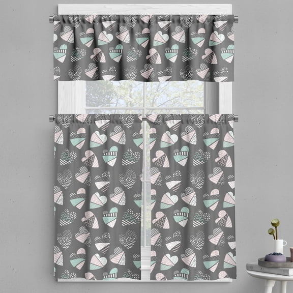 Ambesonne Romantic Valance & Curtain, Pastel Hearts Fractals, 55"x36", Grey Mint Green Pale Rose