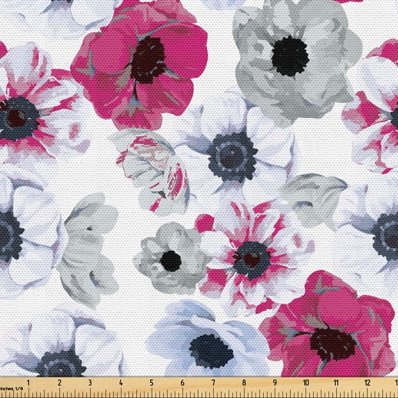 Ambesonne Romantic Vibes Fabric by the Yard Upholstery, Spring Floral Art, 3 Yards, Magenta Pale Ceil Blue