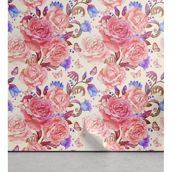 Ambesonne, Romantic Vibes Peel & Stick Wallpaper for Home, Dreamy Floral Print, 13"x36", Pastel Pink Lavender Blue