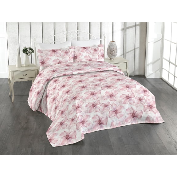 Ambesonne Romantic Vibes Quilted Bedspread Set 3 Pcs, Aquarelle Flowers, Queen, Pale Pink Dried Rose